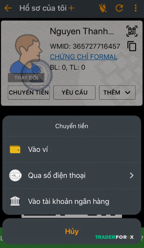Chọn mục chuyển tiền trong ví