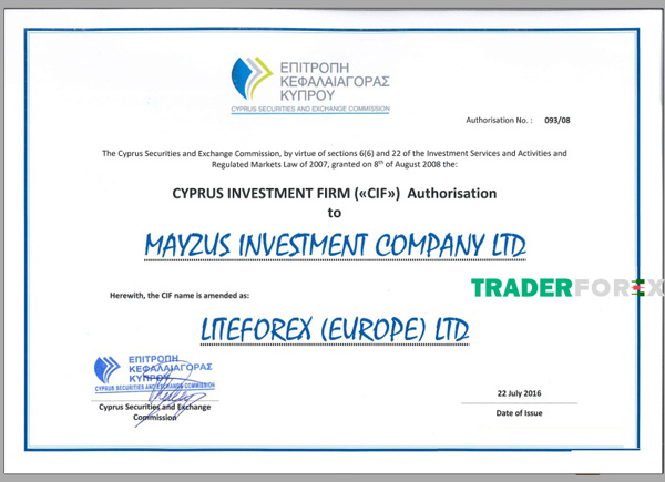 Giấy phép CySEC của sàn giao dịch LiteForex