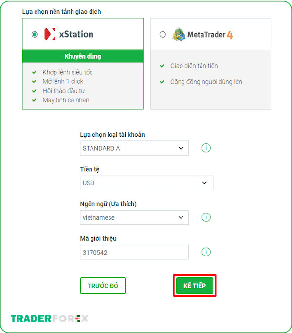 Lựa chọn loại tài khoản, tiền tệ và nền tảng trên sàn XTB