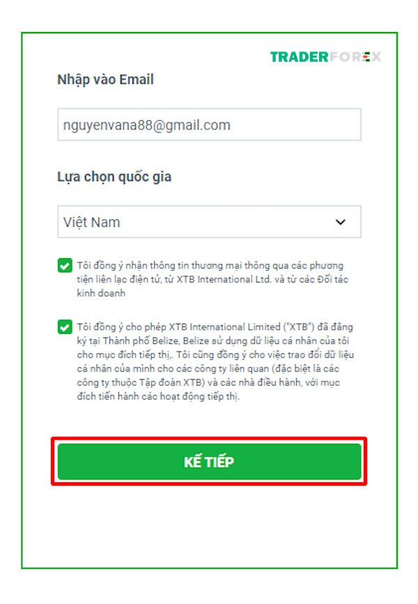 Nhập địa chỉ, điền quốc gia và đồng ý mở tài khoản